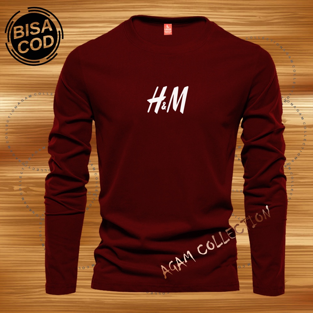 Agam Collection Baju Kaos Distro H&amp;M Text Putih Lengan Panjang Premium Quality Kaos Pria Keren Kaos Cewek/Cowok