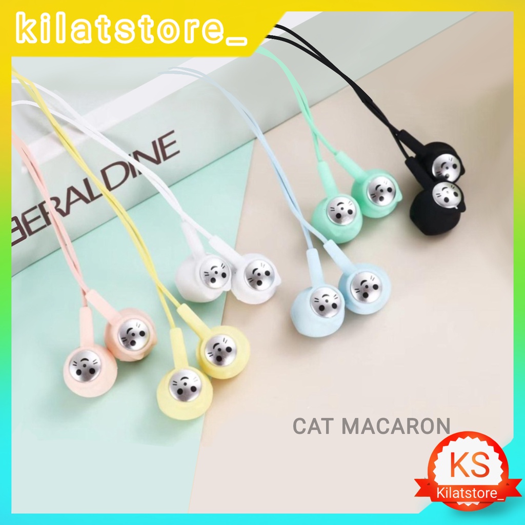 Handsfree Earphone Macaron Cat Lucu + Mic New Arrival