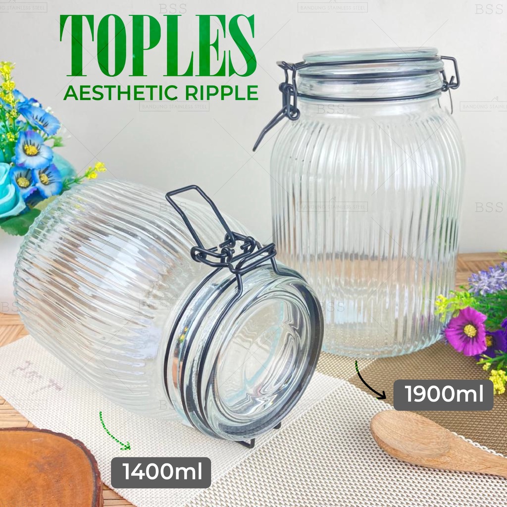 Toples Kaca Aesthetic Ripple 1.4L 1.9L Wadah Bumbu Makanan Camilan Kue Kering Lebaran Kedap Udara Glass Jar Tutup Kait