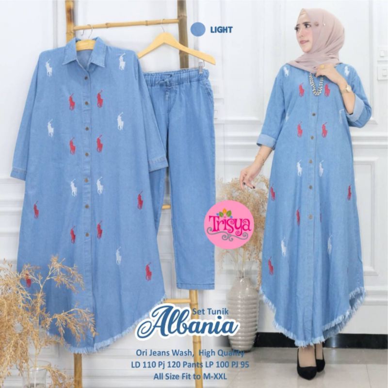 Albania set tunik by trisya / setelan tunik jeans / setelan celana / set wanita