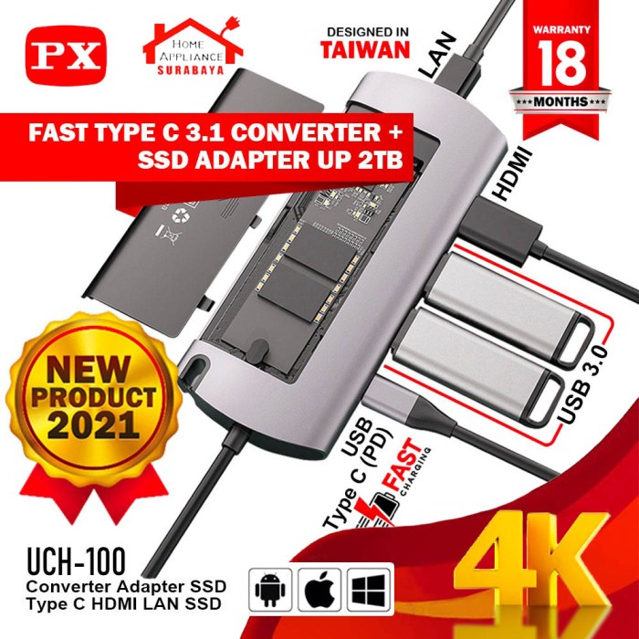 Terlaris Converter Ssd 2Tb Adapter Type C To Usb Hdmi Lan 6 In 1 Px Uch-100