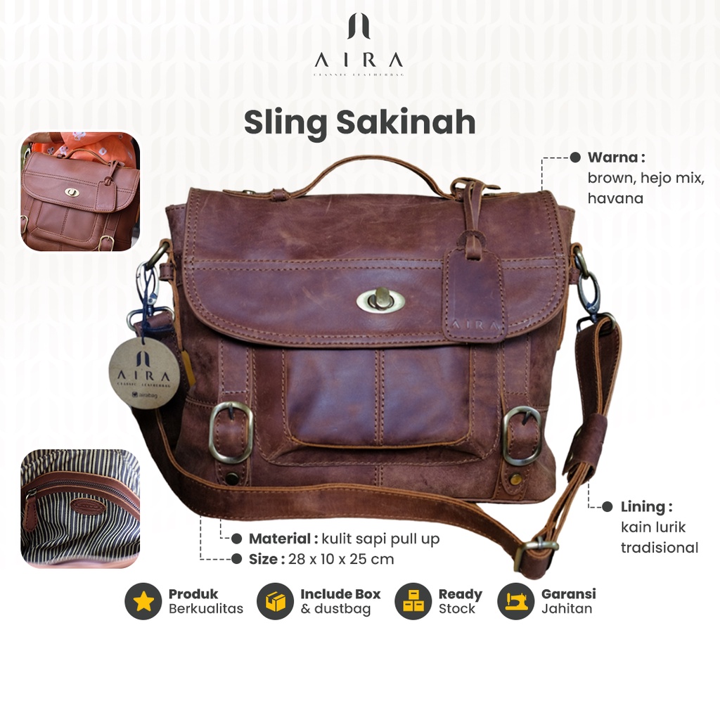 Tas Selempang Wanita Sling Bag Sakinah Kulit Sapi Asli Bahan Pull Up Leather Terbaru Kain Lurik Tradisional Tali Panjang Adjustable Kekinian Original