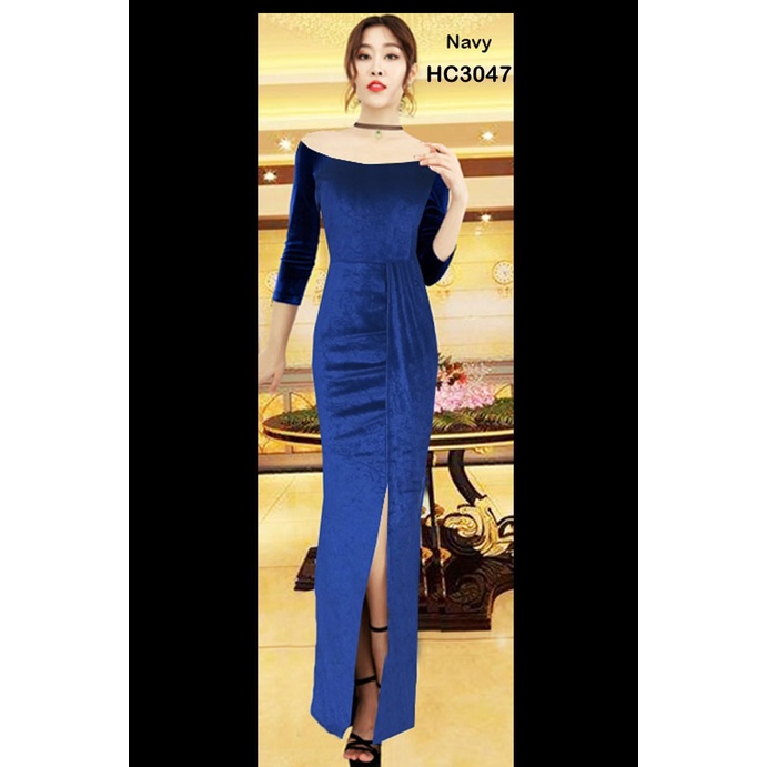 HC3047 Longdress Bludru Span Sabrina Belah Depan + Cup Bra / Gaun Panjang Seksi / Longdress Sexy / Long Dress Polos / Longdress Sabrina / Dress Panjang / Long Dress Beludru / Longdress Bludru / Longdres Velvet