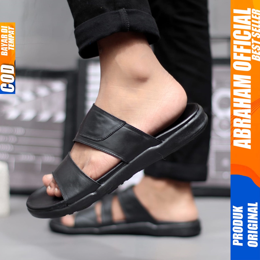 Sandal Slide Casual Pria Kulit Asli Sendal Selop Pria Hitam Abraham Valkry