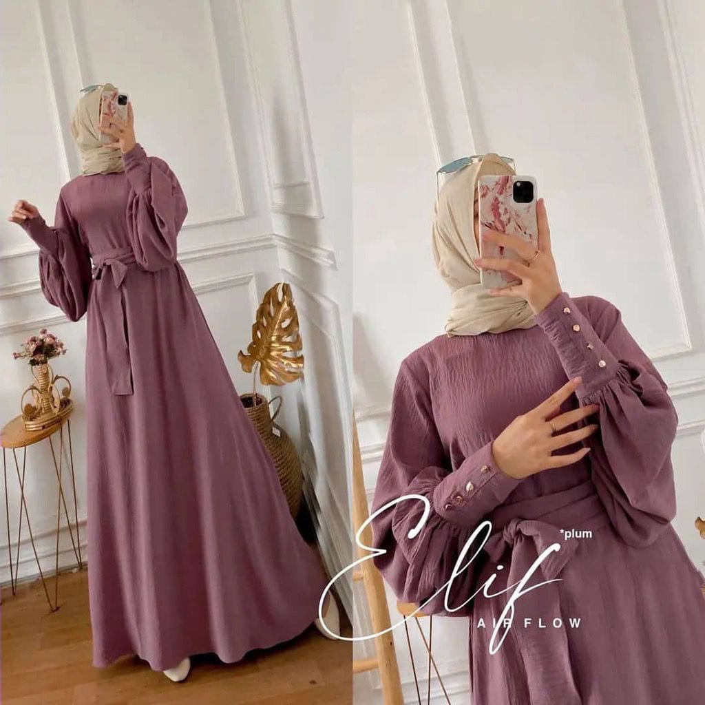 ELIF DRESS WANITA MUSLIM CRINKLE AIRFLOW || DRESS WANITA MUSLIM LENGAN BALON