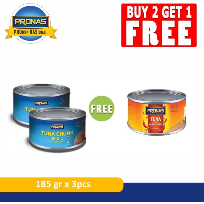 

Pronas Tuna Chunk In Oil 185G 2Pcs Free Tuna Sambal 185G 1Pcs