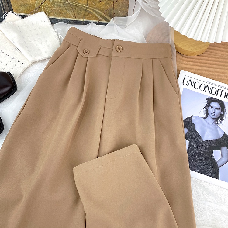 Khaki/Hitam Highwaist Loose Kerja Celana Setelan Wanita Korean