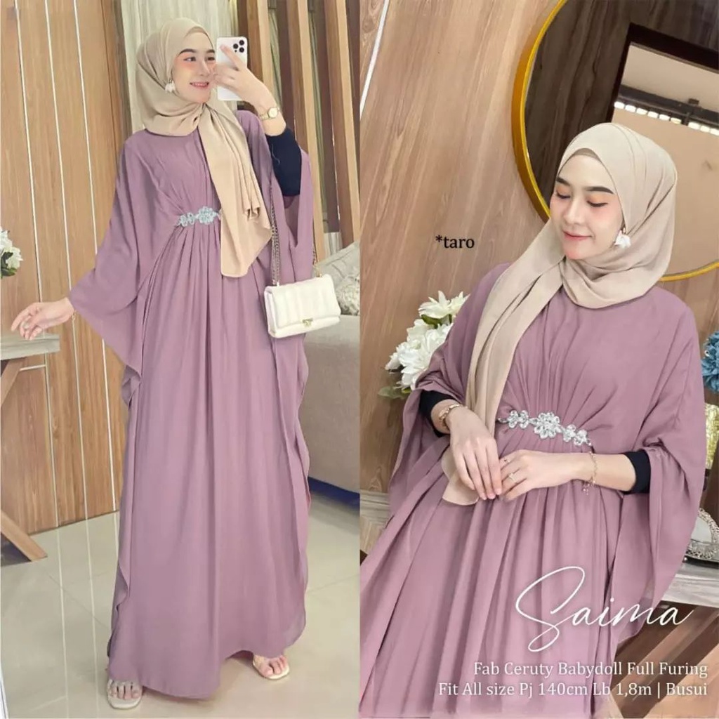 Saima Kaftan BUSUI Bahan Ceruty Babydoll Renda LD 120cm Gamis Korea Wanita Terbaru 2023 Kekinian Baj