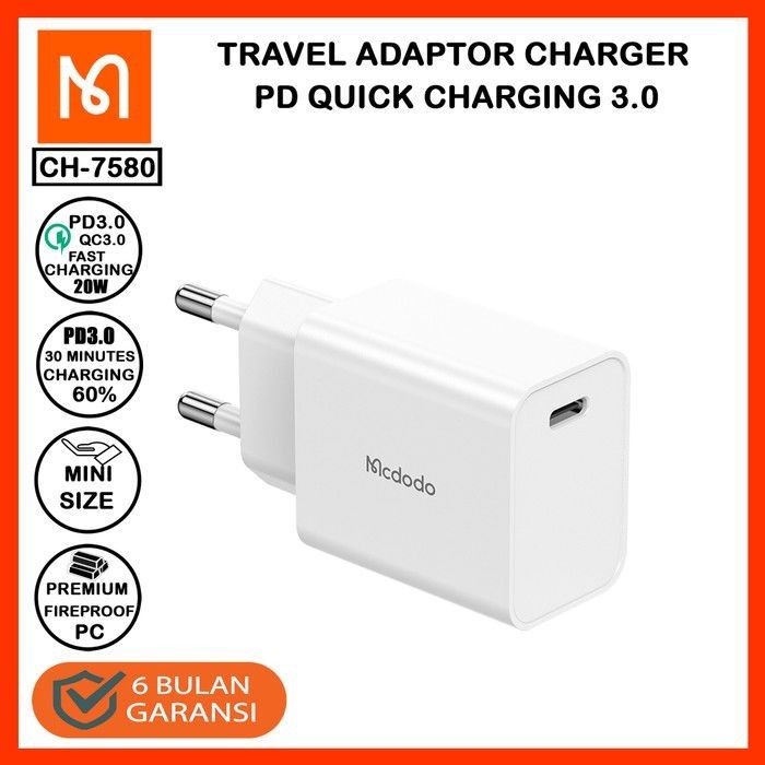 MCDODO Adapter Charger CH-7580 PD Type C Fast Charging 20W Iphone - Putih