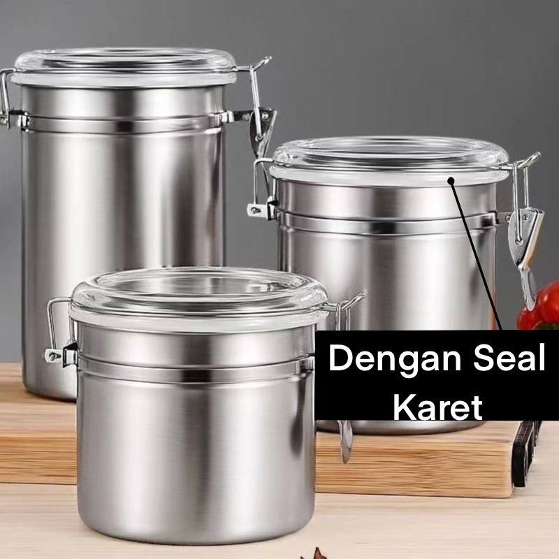 Toples Kedap Udara 1 Set Isi 4 Stainless Steel / Tempat Gula Kopi Bumbu Dapur 4inch/5inch / Toples Makanan