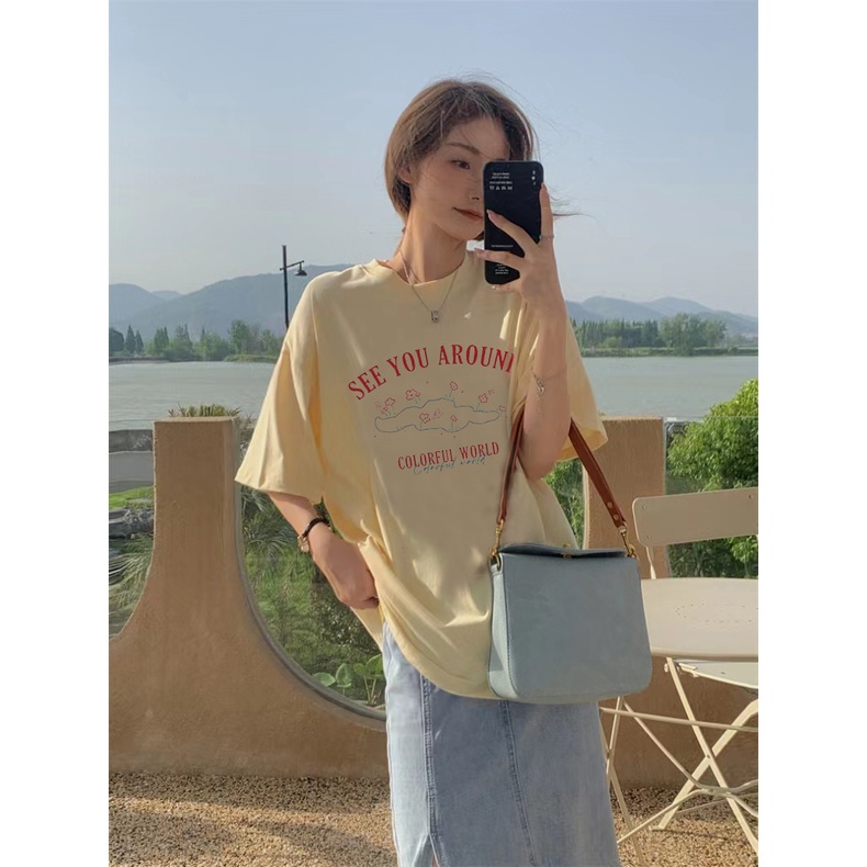 Vintage Kaos Lengan Pendek Cream Atasan Wanita Oversize Printed T-shirt Kekinian Korean Style