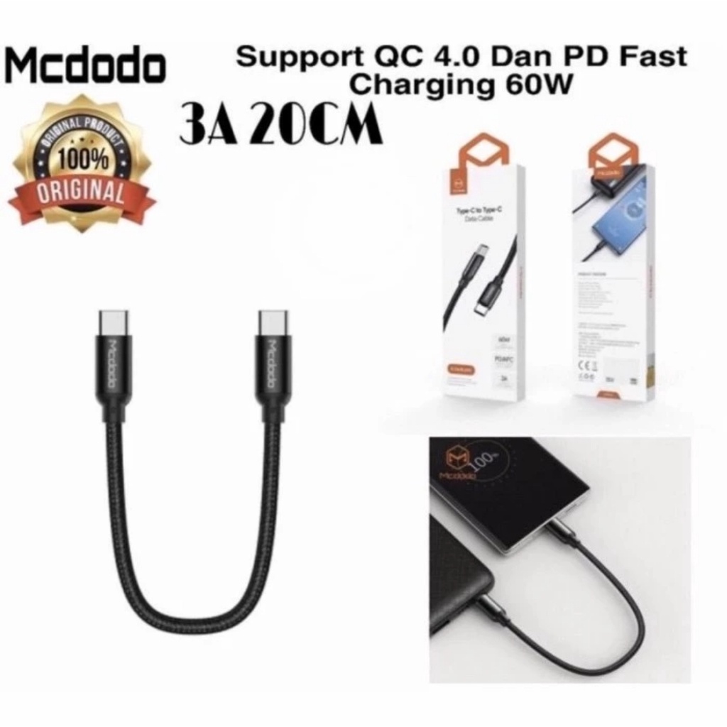 Mcdodo CA-7640 Kabel Charger Power Bank Type C to Type C Kabel Data PD 6OWatt 4A 20CM Pendek