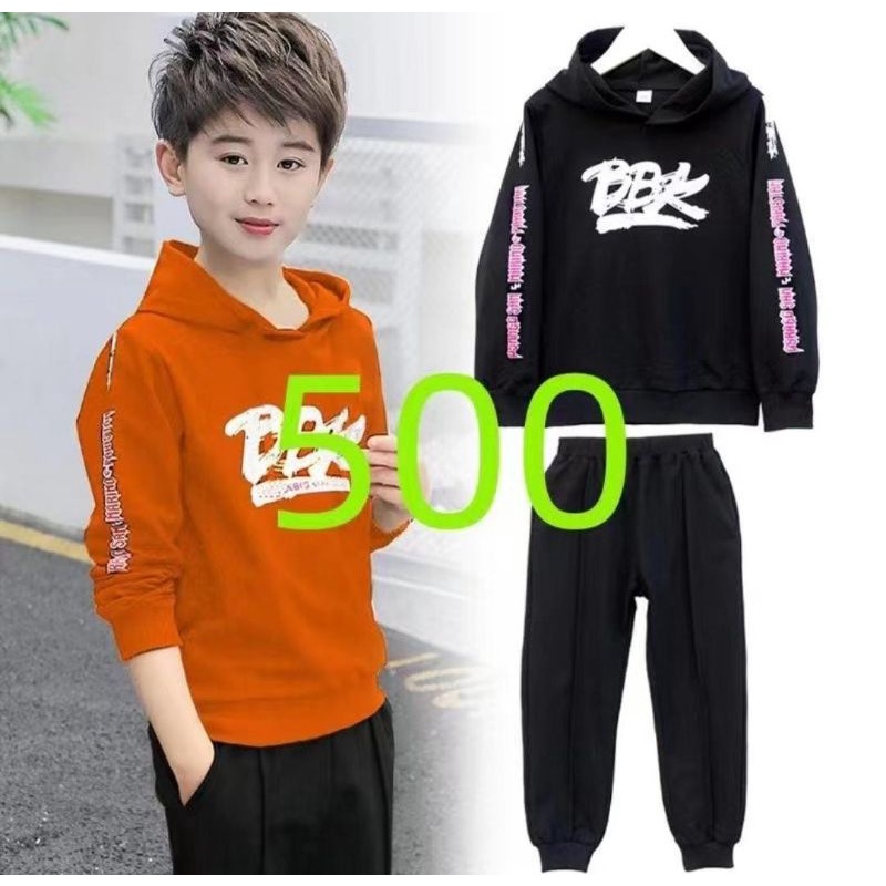 setelan sweater hoodie hitam & orange sz 110 - 140