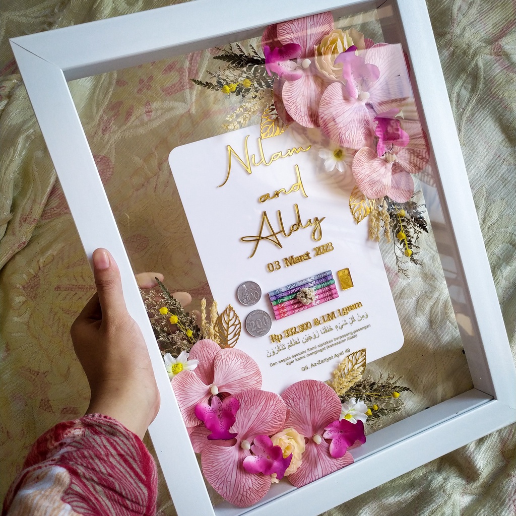 1 Hari Jadi Mahar Pernikahan Anggrek Nikah Full akrilik Daun Emas frame 35x45