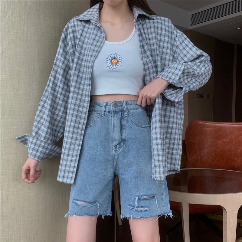 celana pendek denim wanita korean style highwaist premium baggy vintage celana jeans sobek