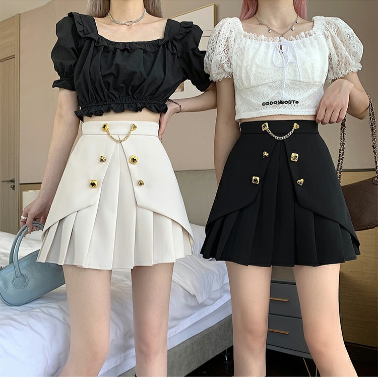 5599 Rok pendek LAYERED RUFFLE PLEATED MINI SKIRT susun lipat hitam cream polos gaya Korea Korean st