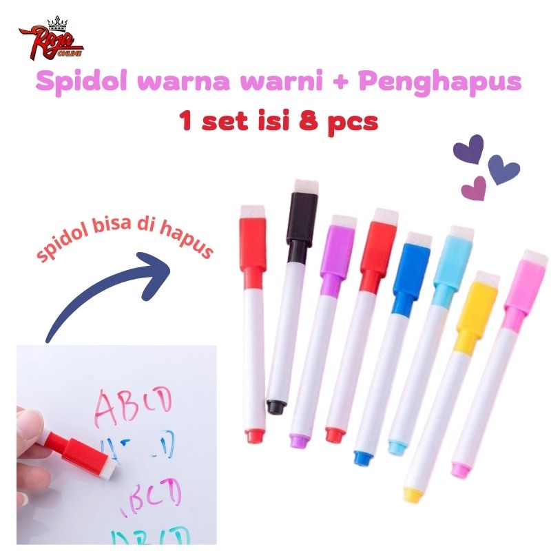 SNH8 -Spidol Wipe and Clean Spidol Warna Dengan Penghapus 1 set 8 pcs