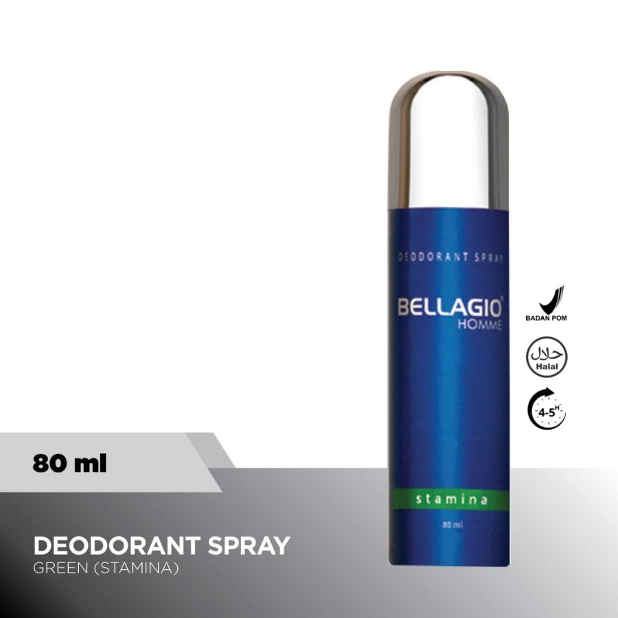 Bellagio Deodorant Spray Stamina (Green, 80ml) Laki-laki Pria Pewangi Penghilang Bau Badan Tubuh Ket