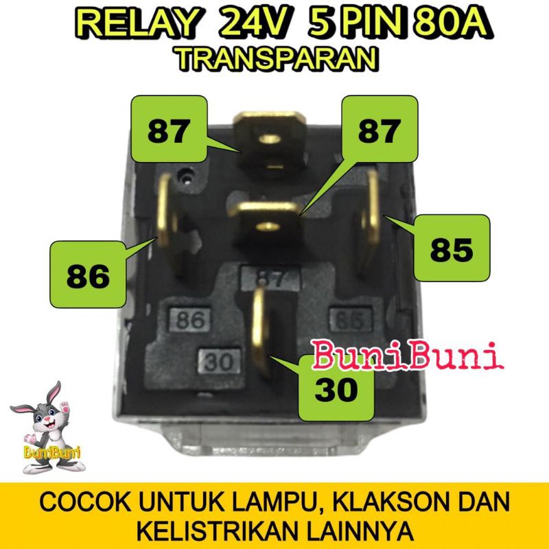 RELAY Transparan 24V KAKI 5 Pin 80A Untuk Lampu / Klakson Mobil Truk - 24V 5 KAKI