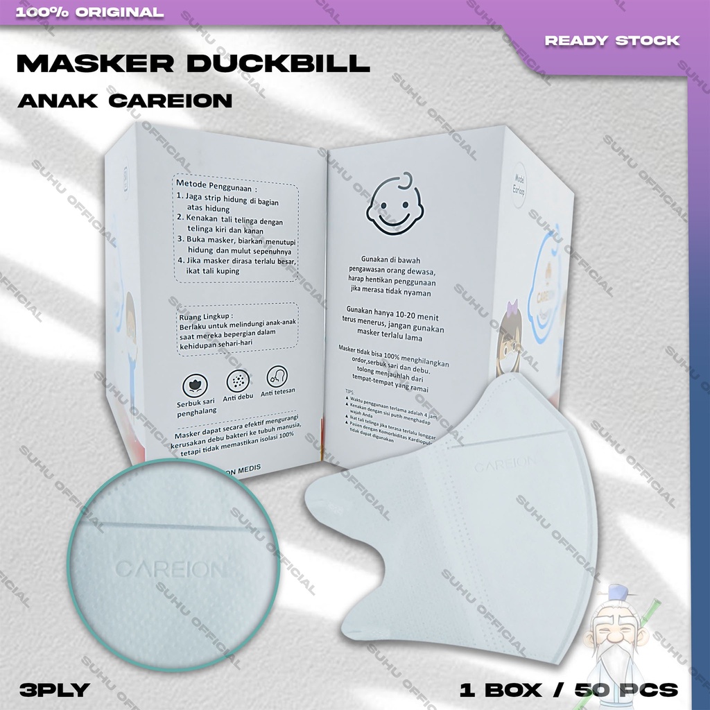 Masker Anak Duckbil CAREION 3Ply Isi 50Pcs Putih White Duckbill Earloop Surgical Mask Kemenkes