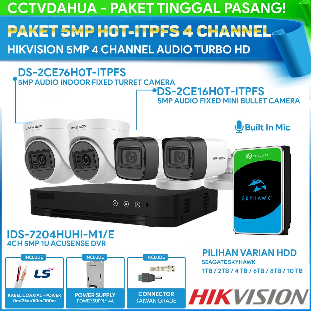 PAKET CCTV HIKVISION 4CH 5MP 4 KAMERA AUDIO HIKVISION SIAP PASANG