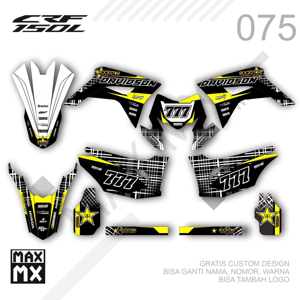 STIKER DECAL SUPERMOTO CRF 150L 075 YSF MOTIF ROCKSTAR ABU2 KUNING