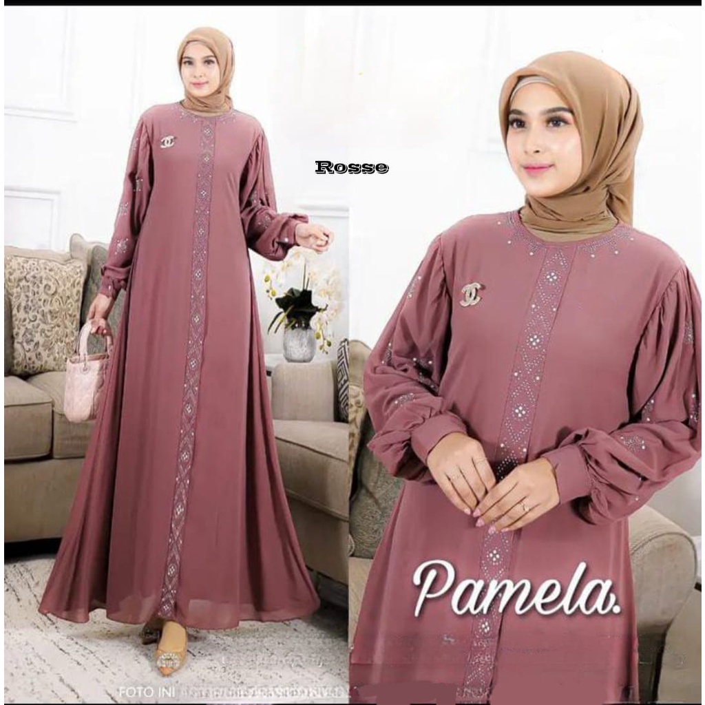 Pamela Dress Wanita Fashion Muslim Busui Zipper depan Bahan Ceruty Babydoll Full puring Motif Swaroski Mewah Elegan Kekinian - Baju Pakaian Perempuan Dewasa Jumbo LD 110 Kondangan Baju Lebaran Hari Raya