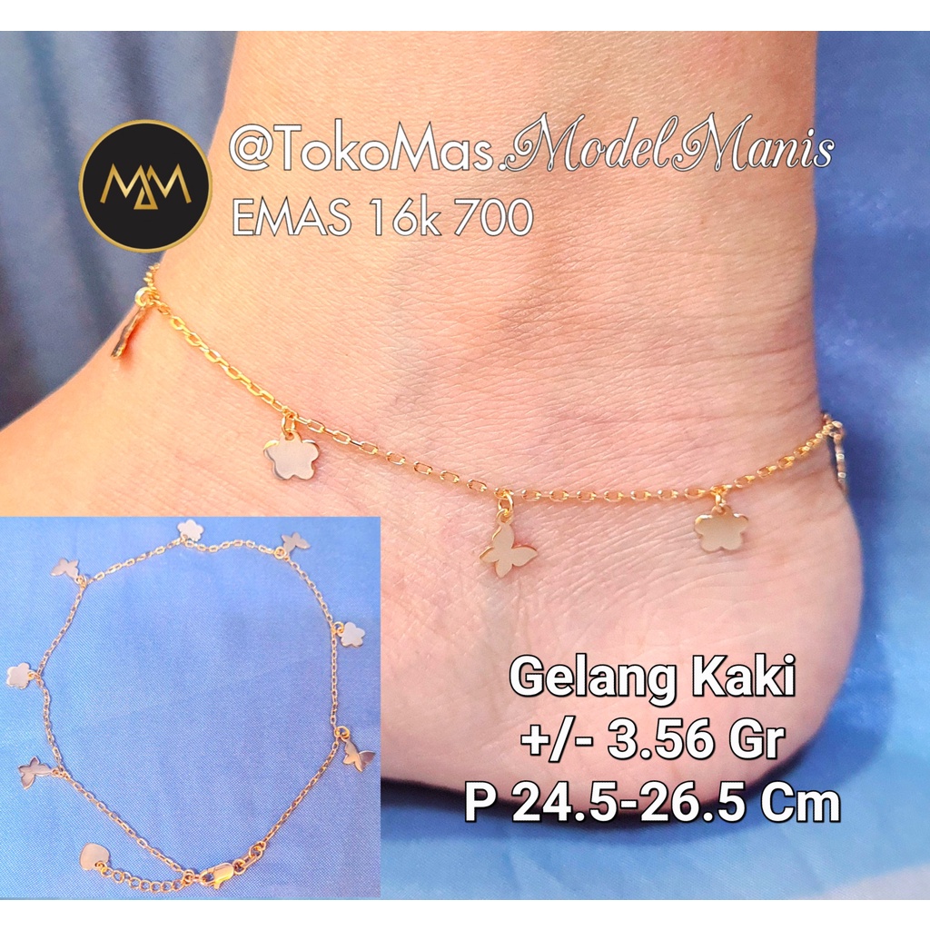 Gelang kaki kupu bunga emas kuning 700 kadar 16k