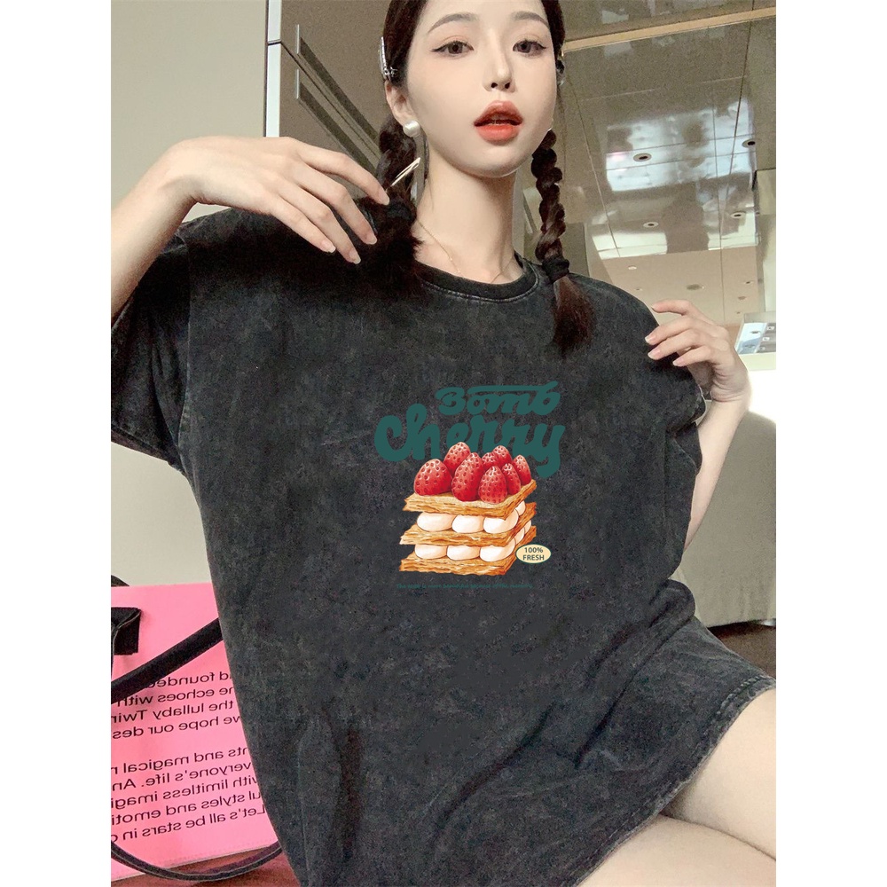 XIAOZHAINV Korean Style Cake Art Pattern Washed Printing Kaos Wanita A0267