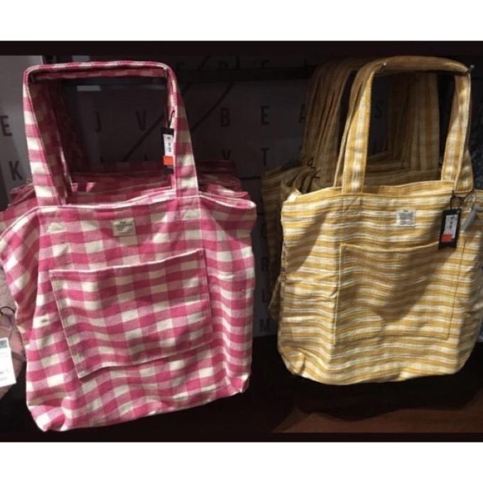 Diskon Sale Typo Tartan Tote Bag Canvas Tas Belanja Wanita Shopping Kiara.Kach