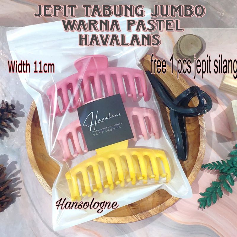 Jepit rambut Havalans model tabung jumbo set isi 3 warna pastel bonus 1 pcs jepitan silang