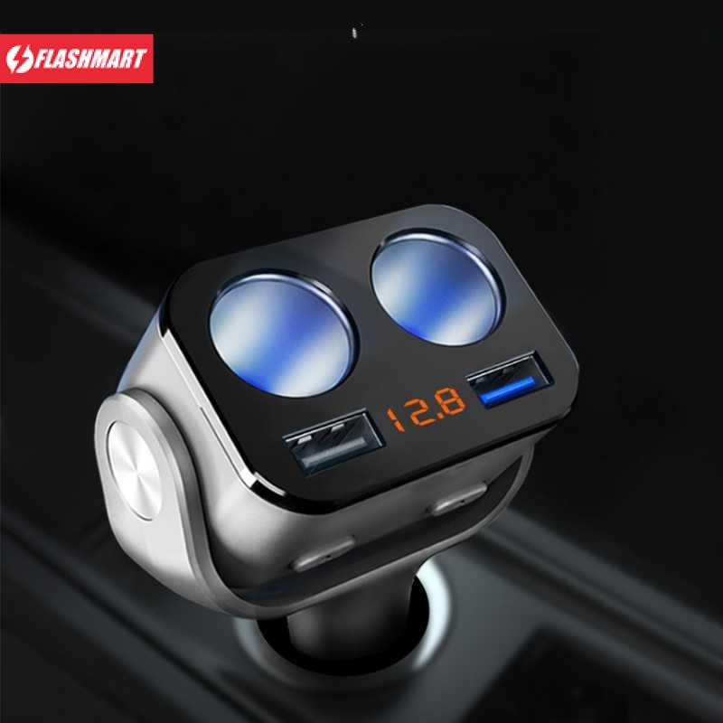 Flashmart Car Charger 2 USB Port QC3 + 2 Cigarette Plug LCD Display - Y34Q