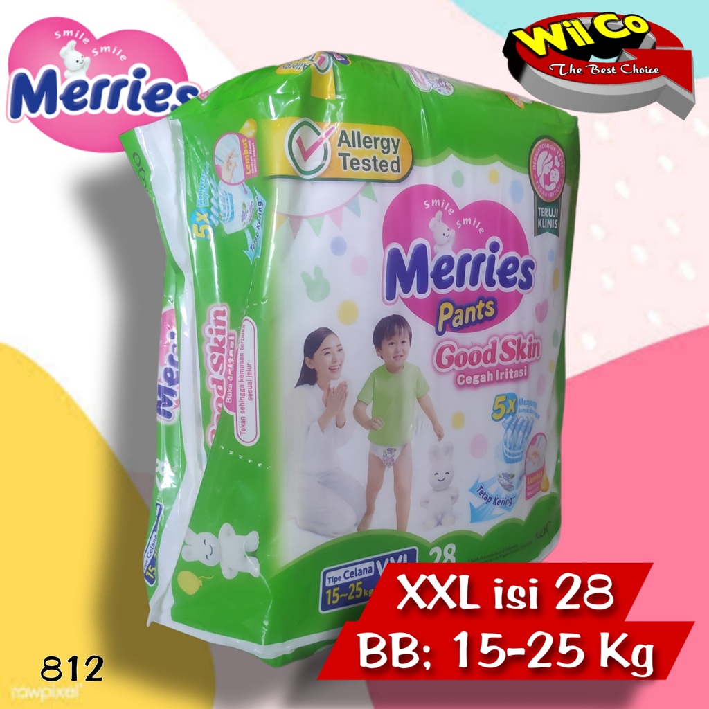 K812 - XXL (28 PCS) PAMPERS POPOK BAYI UNISEX MERRIES PANTS GOOD SKIN UKURAN XXL ISI 28 PCS