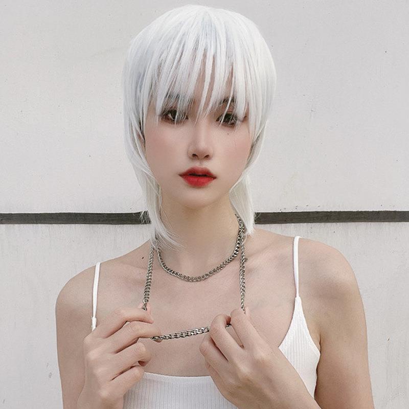 Mullet Head Wig Pria Versi Korea Tampan Rambut Pendek Serigala Ekor Fashion Berbulu Alami Pria dan W