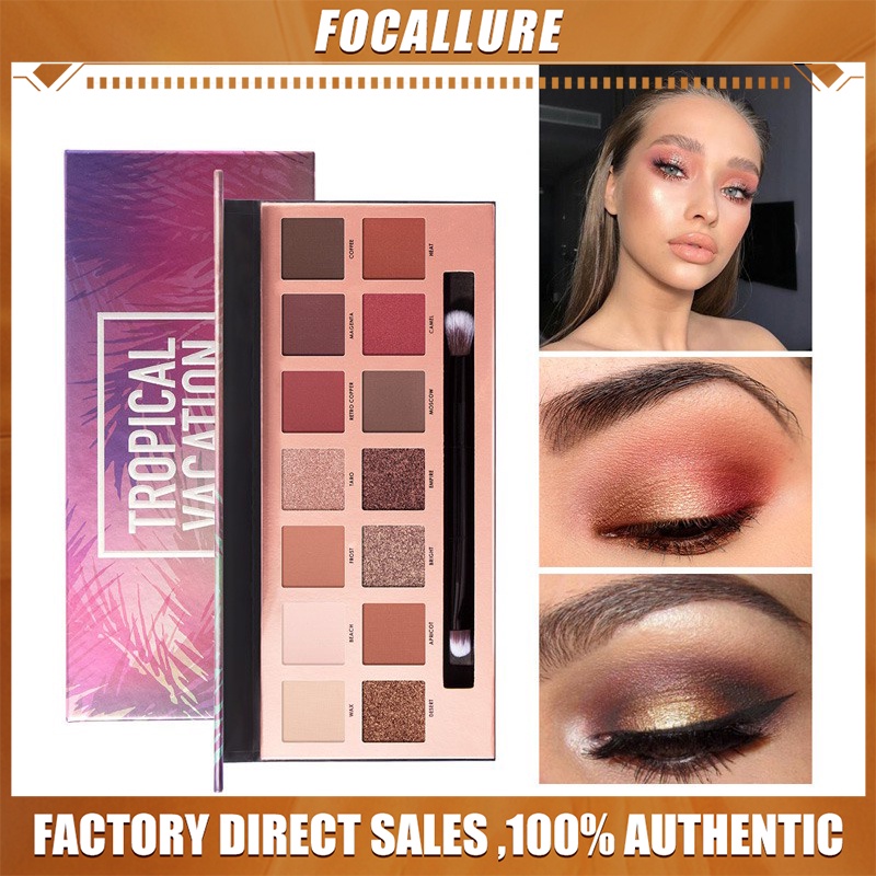 FOCALLURE FA49-T 14 Colors Eyeshadow Palette With Brush #Tropical Vacation Palet Kosmetik Alis High Pigment And Smooth P