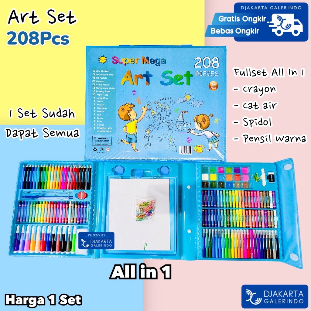 Super Mega Art set 208 Pcs crayon set Spidol warna set Cat air set  Pensil warna set pastel Minyak Set alat melukis gambar Set Drawing Koper Gulali - Set Alat Gambar Anak Crayon Gambar Pensil Warna 208 Buah Art Set