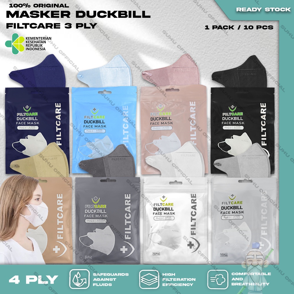 Masker Duckbil FILTCARE 3Ply isi 10Pcs Putih Hitam Abu Warna Duckbill Earloop Surgical Mask Kemenkes