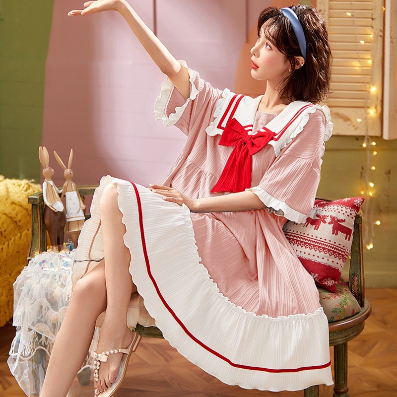 MR-06 dress piyama baju tidur sailor uniform wanita lengan pendek renda lolita putih import jepang