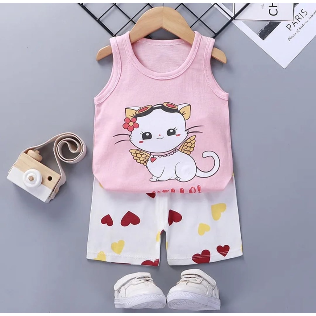 SINGLET Baju SETELAN ANAK PEREMPUAN KUCING CAT LOVE