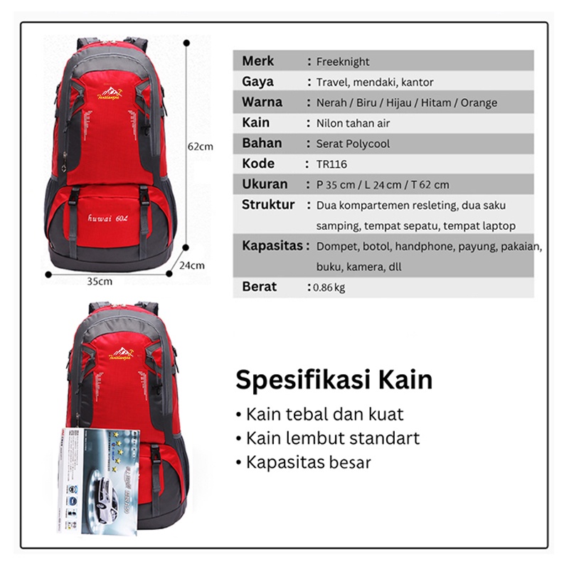 Mainland Ransel Gunung Pria Wanita 60L Tas Hiking Mendaki Backpack Traveling Outdoor TR116