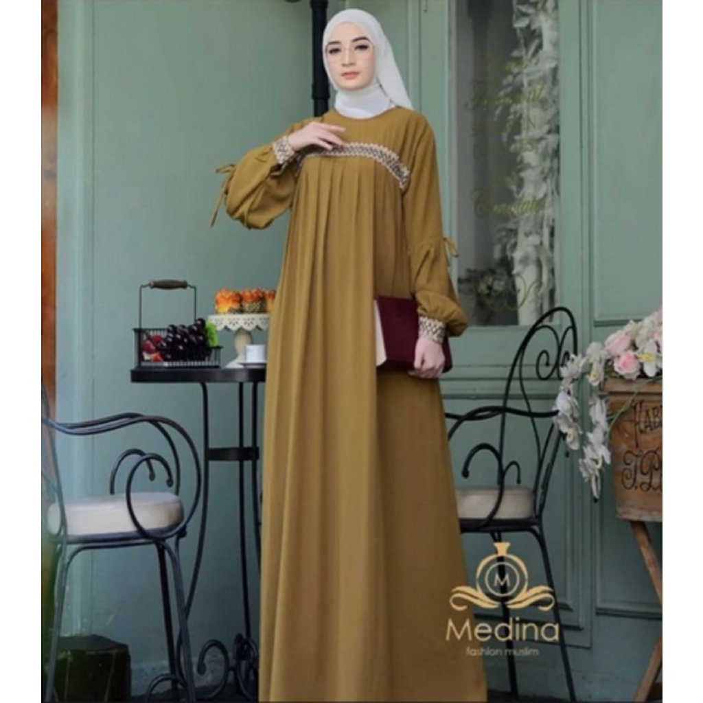 Gamis medina renda kringkel airflow terbaru dan terlaris medina dress resleting belakang