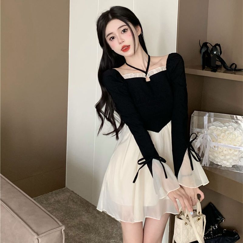 Rok A-line pelangsing pinggang tinggi baru wanita gaun lengan panjang jala