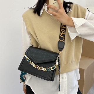 Chain /Scarf Decor Wide shoulder straps Textured Flap Square Bag Crossbody Bag 10035