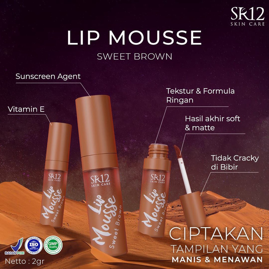 SR12 Lip Mousse Sweet Brown 2gr Melembabkan Bibir Warna Cokelat Tahan Lama