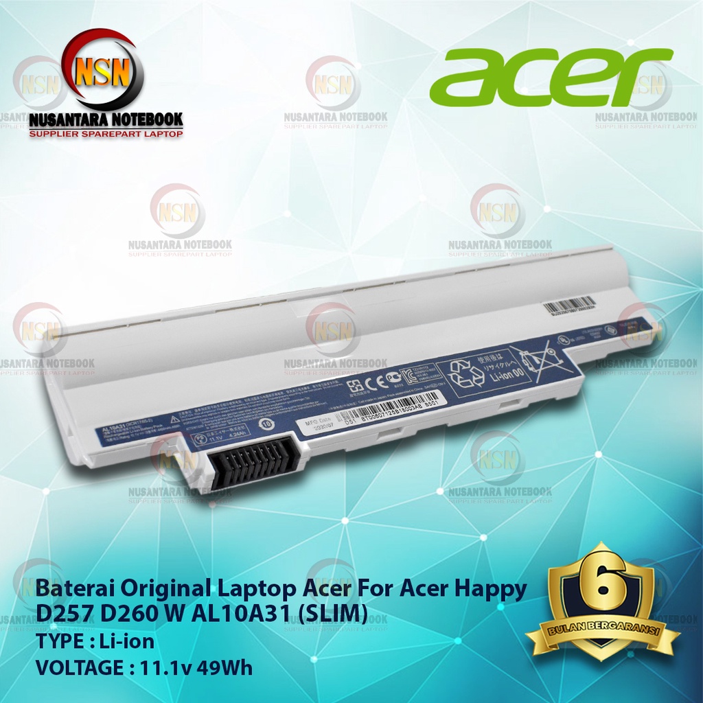 Baterai Original Acer AL10B31 For Laptop D255 D260 AO522 WHITE SLIM 11.1V 49Wh