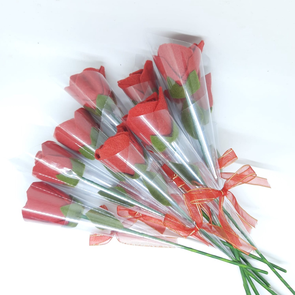 (NCS) Bunga Mawar Satuan / Bunga Flanel 1tangkai Bungkus Plastik Mika Souvenir Murah