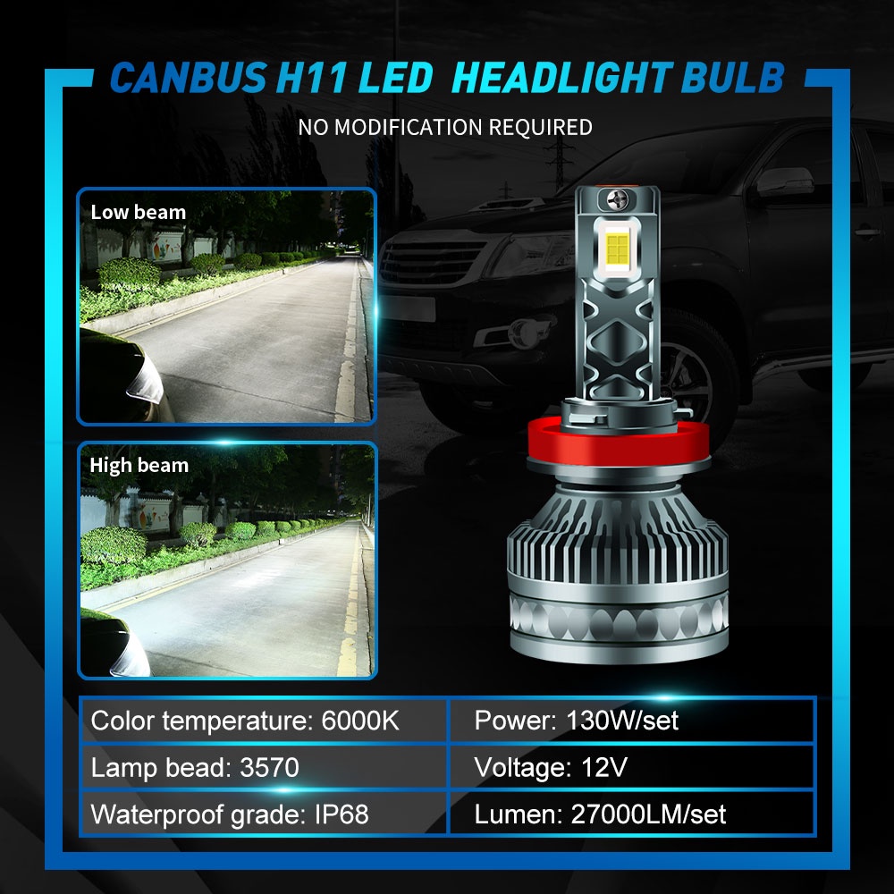 Sidaqi 2Pieces H11 LED Headlight H4 27000Lumens CANBUS 130W H1 Car Headight H7 6000K Putih 3570SMD Balok Tinggi/Rendah 12V