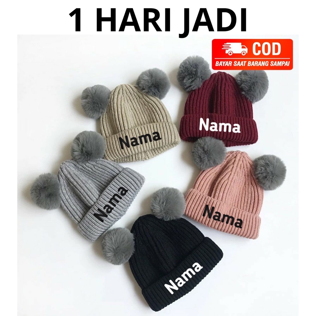 TOPI KUPLUK JAMBUL POMPOM KUPLUK BAYI PRIA WANITA GRATIS BORDIR NAMA SENDIRI SUKA SUKA | TOPI KUPLUK POMPOM ANAK