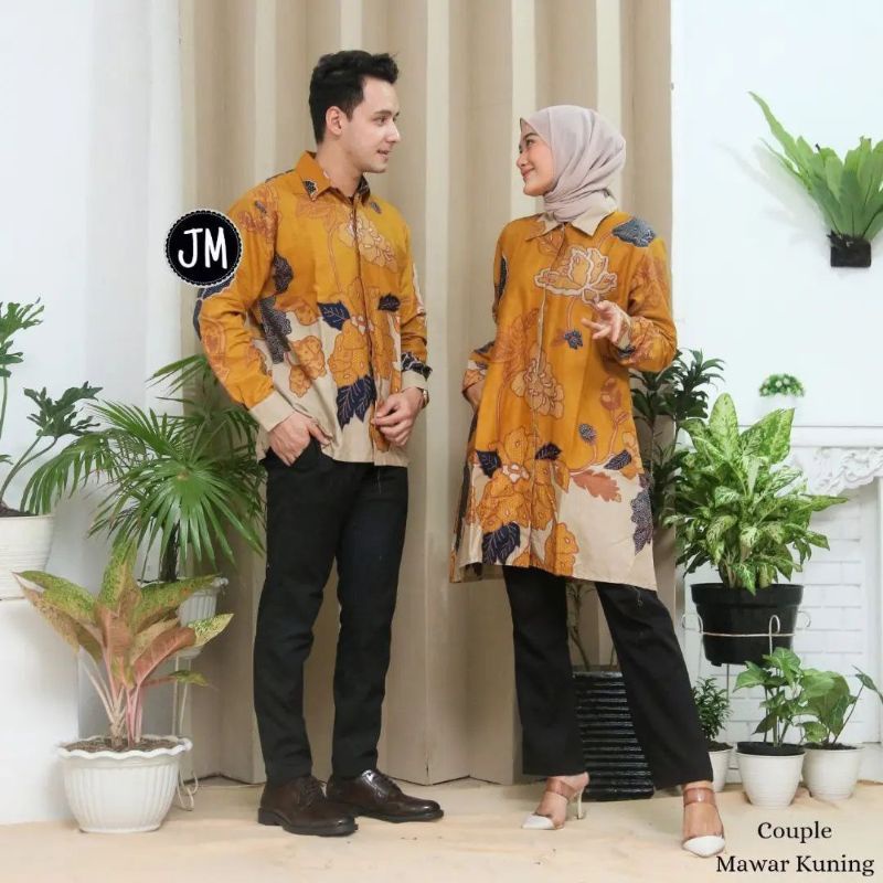Couple Batik Mawar Kuning Tunik Wanita Dress Modern Kemeja Batik Modern