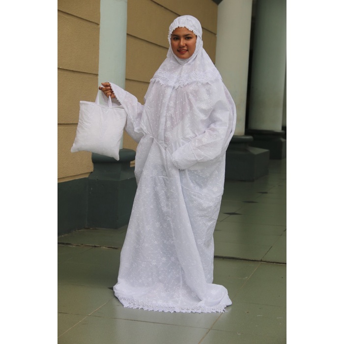 mukena terusan lajur katun jepang putih polos prada bordir besar jumbo